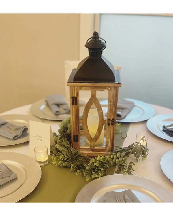 Wood lantern with faux full greenery
