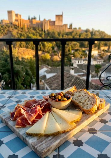 A Spanish tapas board with cheese, ham, olives, and bread overlooking a historic castle.