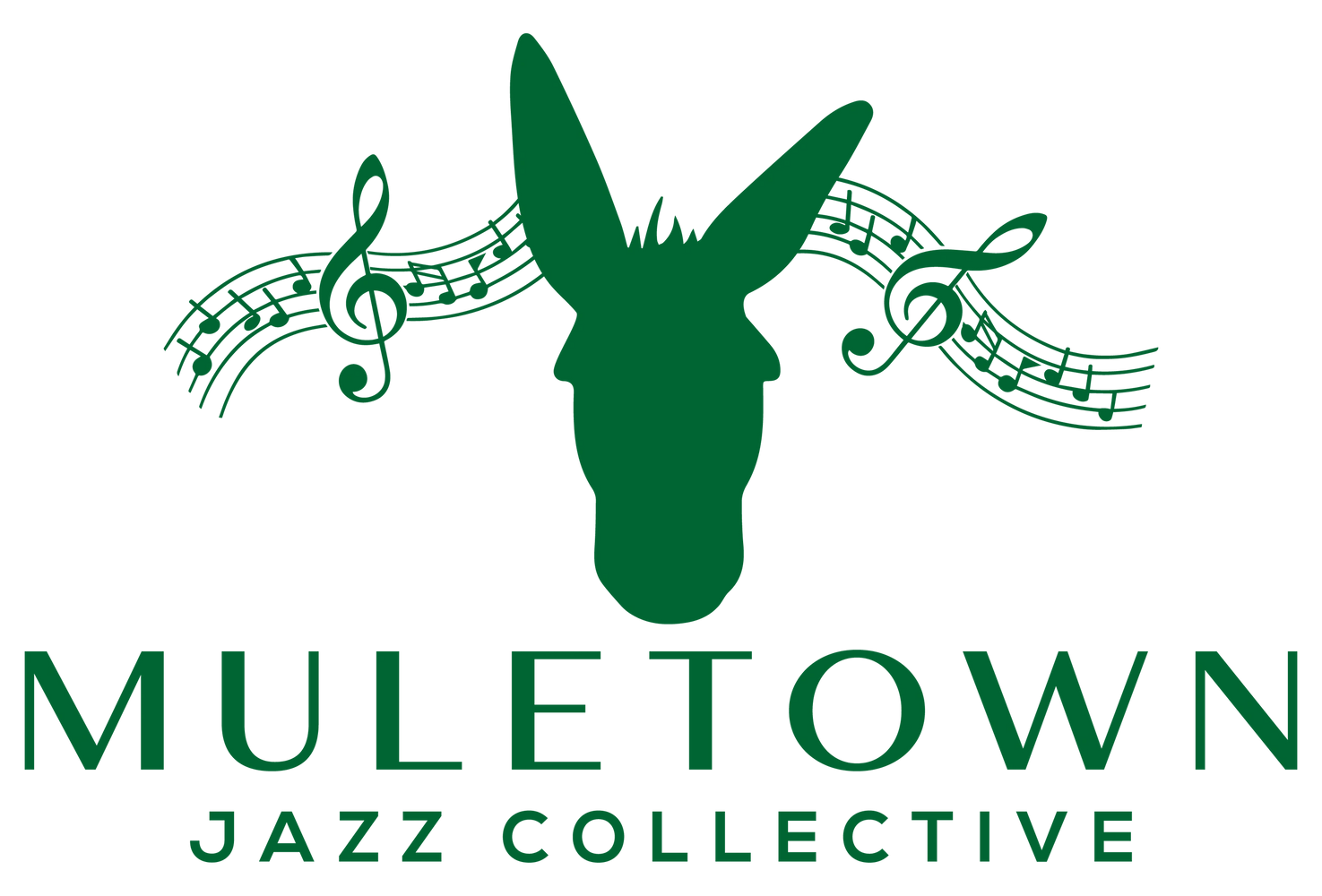 Muletown Jazz Collective. Logo is green silhouette of mule's head and green music notes on black