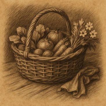 Charcoal sketch of a woven basket filled with produce