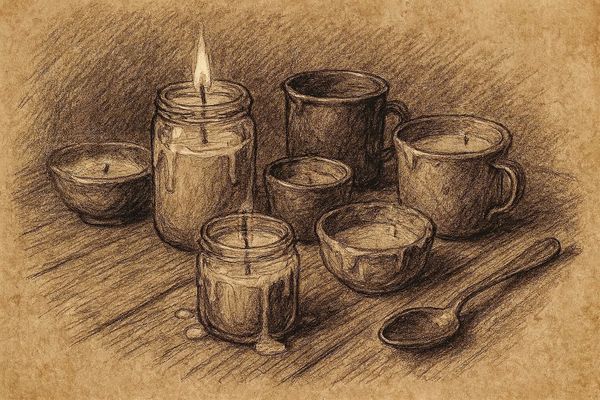 Charcoal sketch of jars, bowls, and mugs filled with melting wax and a wooden spoon on a table