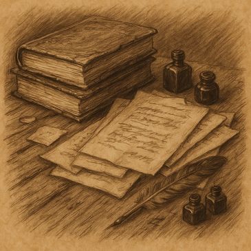 Charcoal drawing of old books, parchment, and ink bottles on a desk