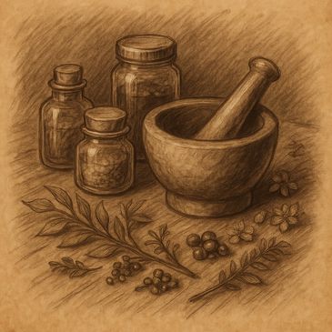 Charcoal drawing of mortar and pestle, jars and herbs