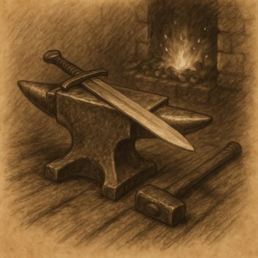 Charcoal drawing of a swordsmiths forge with a sword on an anvil