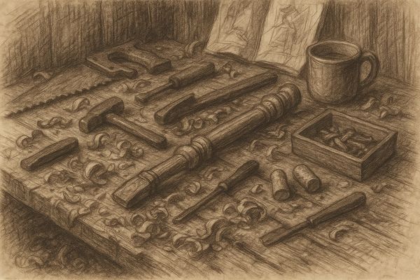 Charcoal sketch of Nic’s cluttered tools on workbench