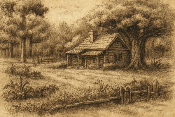 Charcoal sketch of Collin’s cabin in meadow surrounded by fence and trees