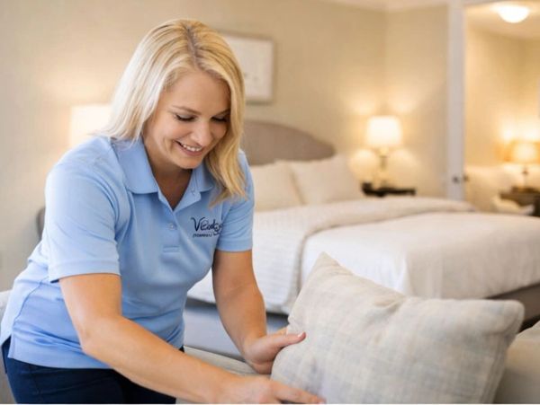 woman smiling tidying up a bedroom of an Airbnb or vrbo house