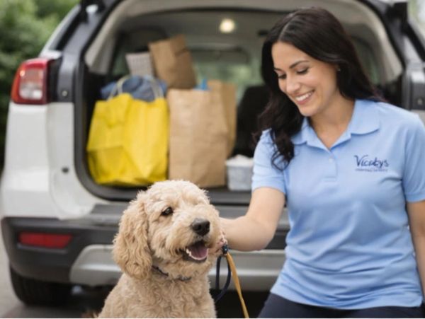 woman helping run errands for home owners and taking the dog to the vet