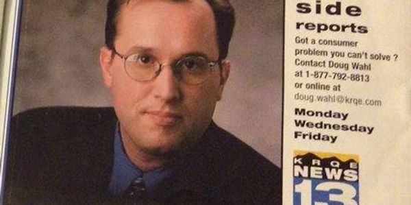 Businessman in glasses promoting consumer problem reports on KRQE News 13.