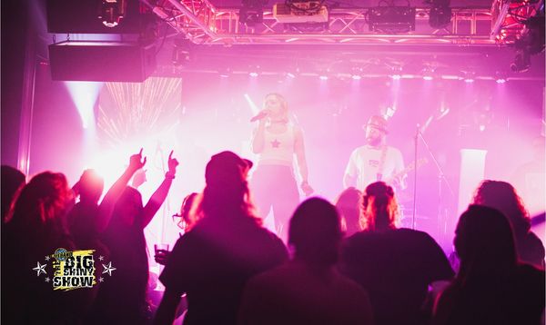 A vibrant live concert with a singer and guitarist illuminated by pink stage lights.