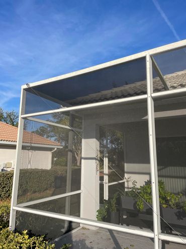 Screened patio area with plants and blue sky.