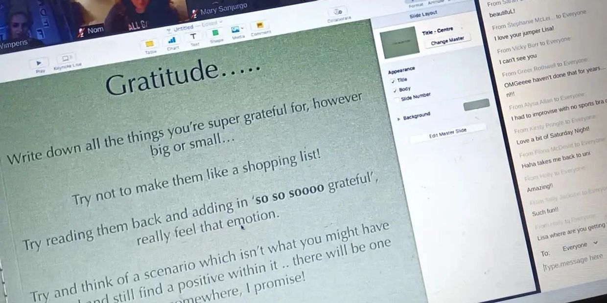 The computer screen shows a slide, giving lots of examples of powerful gratitude thoughts.