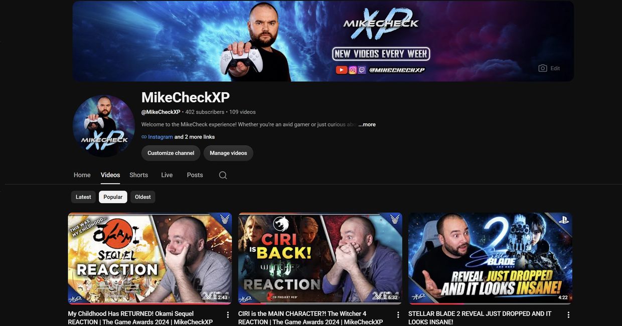 YouTube channel MikeCheckXP gaming videos page.