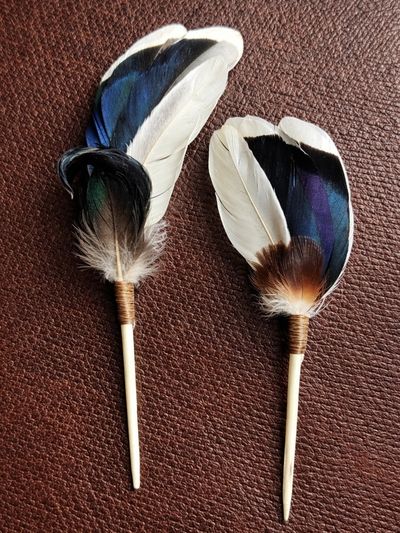 Two decorative feather quills with natural and blue-black feathers on a leather surface.