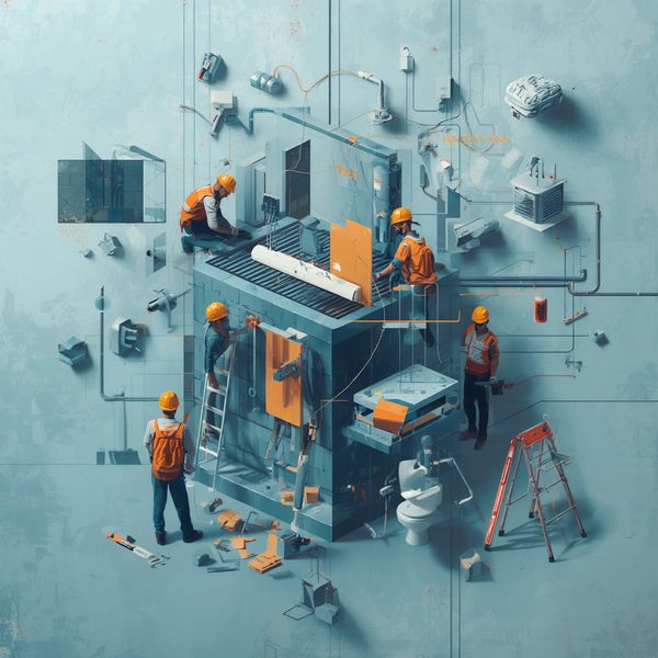 Construction workers assembling a complex mechanical structure.
