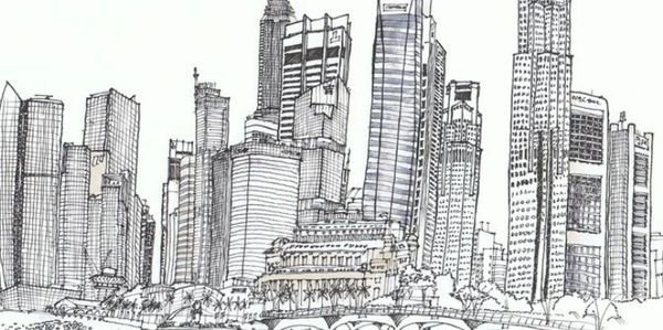Pen sketch of a city skyline with tall buildings.
