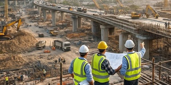 Engineers inspecting a large construction site with a highway bridge.