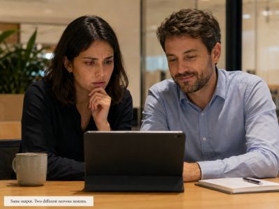 Two coworkers view same tablet; one sees a red thread