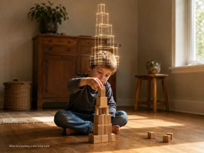 Boy stacks blocks; matching glowing tower rises above his head"