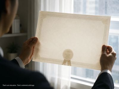 Man checks diploma against window light; page inside is blank.