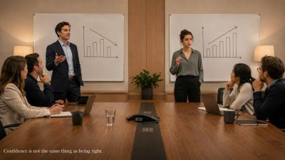 Two professionals presenting opposite chart trends in a meeting.