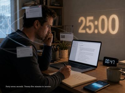 Man writes at desk; clock reads 00:47, wall projects 25:00.