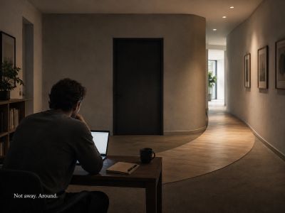 Man at laptop before closed door; hallway curves around it.