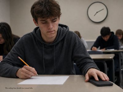 A student confronts difficulty, choosing between persistence and effortless technological escape.