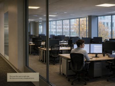 One worker at empty office desks. The room is disappearing too.