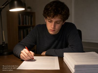 Man holds pen over unmarked page. Tool needs the skill first.