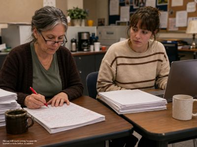 Teacher marks essays by hand; younger teacher watches, unsure.
