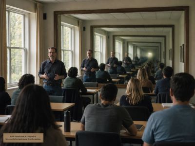 Teacher repeats into infinite mirror, blurring with formation.