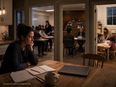 Woman at kitchen table looks through three doors of structure.