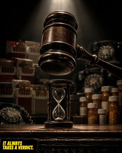 Gavel over hourglass. Cigarettes, pills, phones behind it.