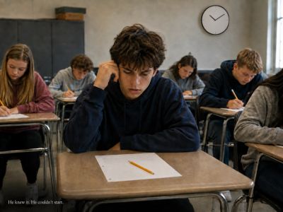Boy stares at unfinished essay; clock shows time remaining.