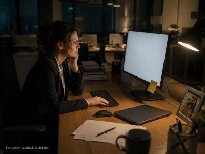 Woman stares at blank monitor, hand poised over keyboard.
