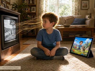 Boy watches old TV with light threads flowing to his mind