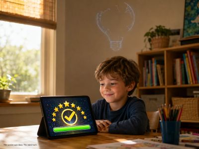 Boy smiles at tablet checkmark; faint lightbulb unfinished