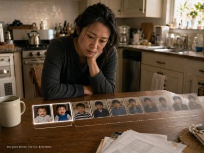 Mother studies photo strip; first two lit, rest fading out