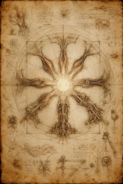 Anatomical study sketch blends into mechanical limb diagrams