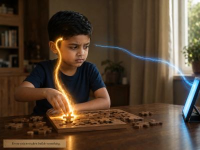 Boy focuses on puzzle; gold and blue light-threads pull at him