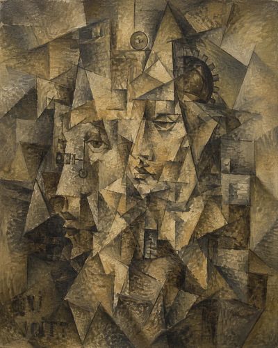 Cubist face fractures into three views with gear pieces