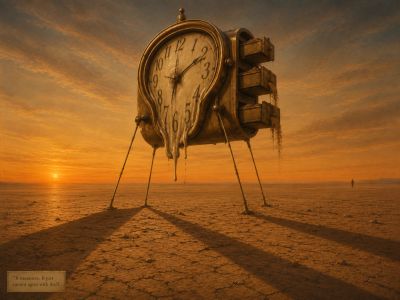 Giant melting gauge stands on thin legs, casts three shadows