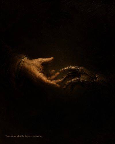 Human and mechanical hands nearly touch in candlelight
