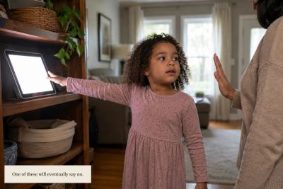 Girl reaches for tablet; mother's raised hand signals stop