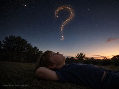 Boy stargazes; a glowing question mark forms among the stars
