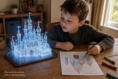 "Boy compares his crayon castle to a glowing complete one