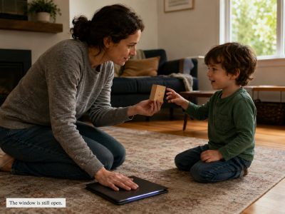Mother closes laptop, offers wooden block to reaching toddler