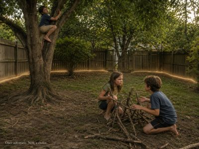 Kids climb, build, and argue in yard traced by soft light