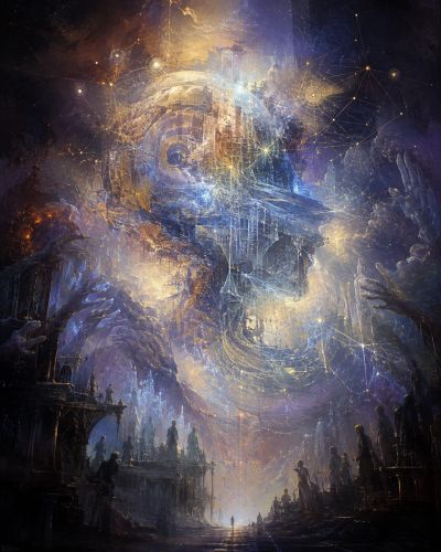 Glowing cosmic structure looms over tiny reaching figures